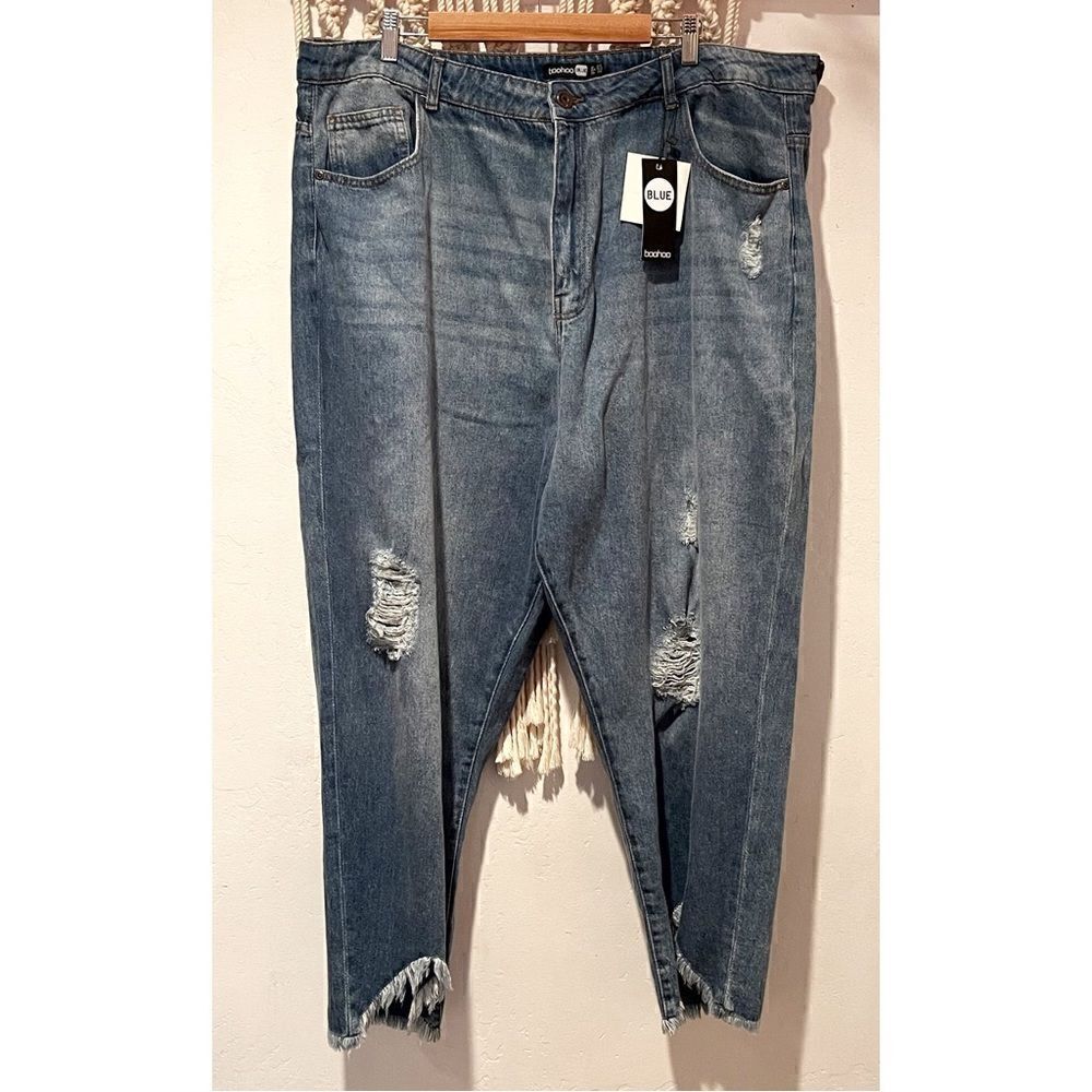 NWT Boohoo Blue Skinny Jeans SZ 20 Raw Shark Bite Hem Med Wash Distressed Grunge